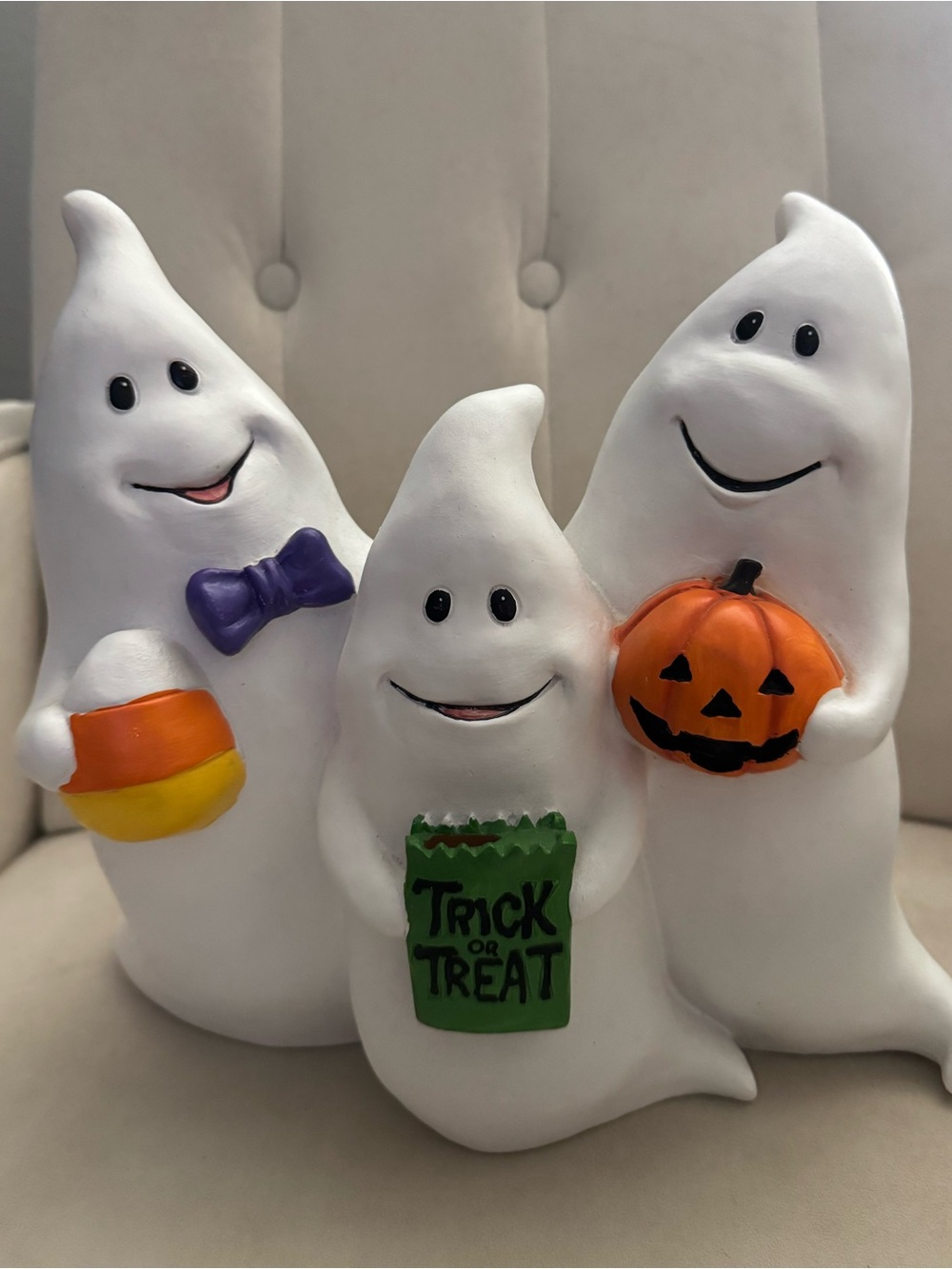 White Ghost Trio Halloween Figurine with Pumpkin and Candy